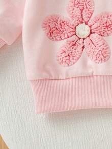 Girls' Casual Fashion 3D Plush Flower & Pearl Decor Long Sleeve Sweatshirt And Slim Fit Pants 2 Pieces Set, Autumn/Winter - Pink - View 6