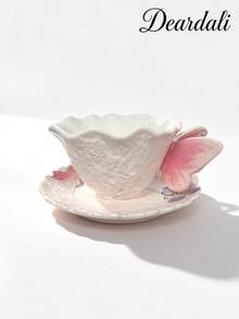 DearDali 1 Set 230ml 3D Butterfly Handle Ceramic Cup And Saucer Set, Pink Purple Embossed Texture Wavy Edge Coffee Cup, Dreamy Girl Style Tea Cup, Home Afternoon Tea, Birthday Gift, Holiday Gift, Best Choice For Friends Gift - Multicolor - View 11