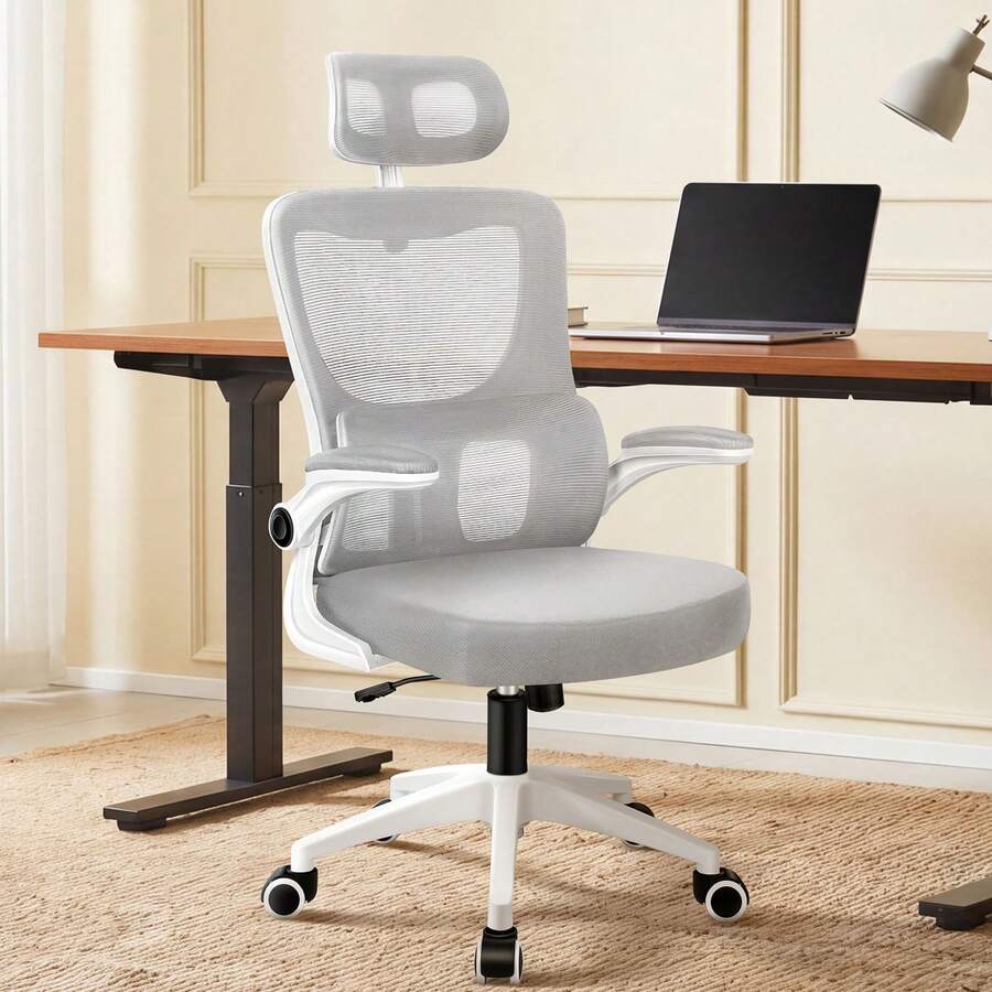 ELFORDSON Ergonomic Office Chair, High Back Computer Chair With Headrest/Dynamic Lumbar Support/Padded Flip-Up Armrest, Breathable Mesh Swivel Desk Chairs For Home Office, 120° Rocking - Grey - View 1