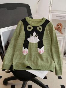 Tween Girls Cute Cat Pattern Round Neck Long Sleeve Knit Pullover Sweater, Suitable For Casual Daily Wear And Vacation, Spring, Autumn, Winter - Green - View 1