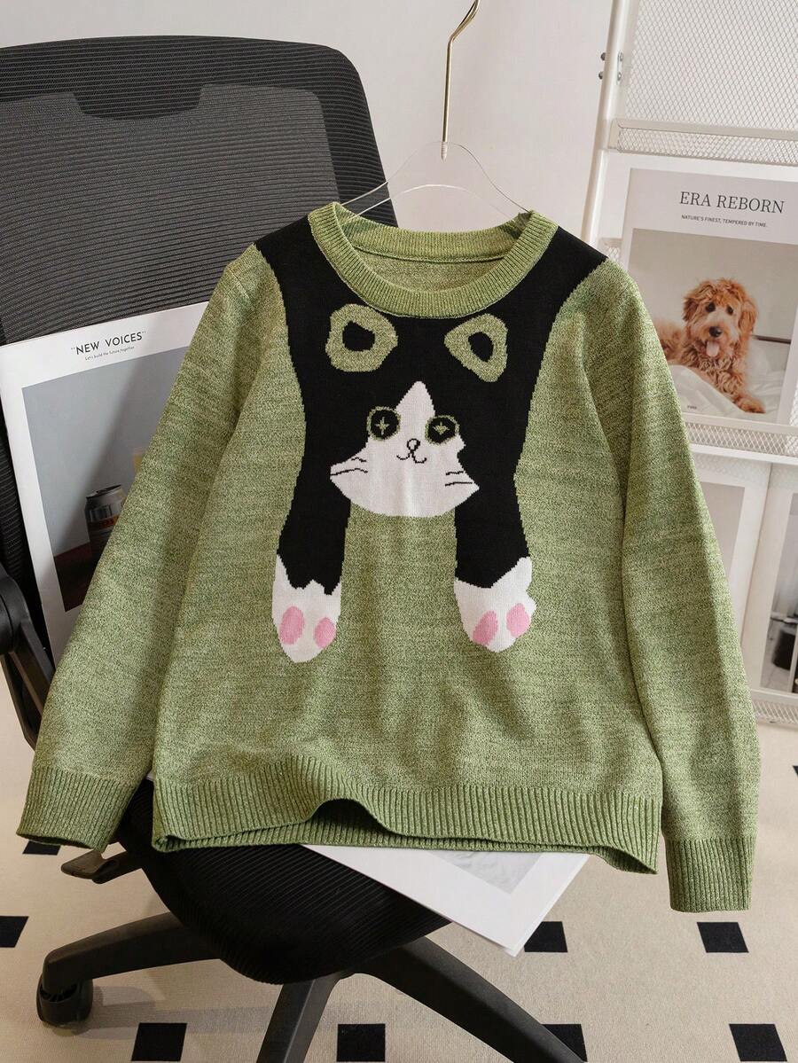 Tween Girls Cute Cat Pattern Round Neck Long Sleeve Knit Pullover Sweater, Suitable For Casual Daily Wear And Vacation, Spring, Autumn, Winter - Green - View 1
