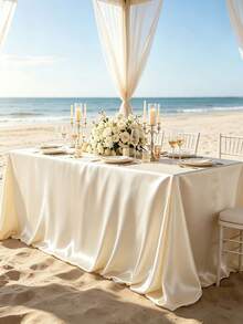 1/5pcs Satin Tablecloth, Wedding Decor Long Tablecloth, Rectangular Smooth Soft Satin Tablecloth, Wedding Party Tabletop Decor, Birthday Party, Suitable For Indoor/Outdoor Restaurant, 58x102 Inches, All Season - Beige - View 3