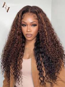 ARABELLA 13x6 Lace Front Wig Dark Brown With Highlight Water Wave Glueless Wigs With Drawstring 100% Human Hair Pre Cut Lace Beginner Friendly 200% Density 18-30 Inch Natural Looking Beginner Friendly - S4 - View 2
