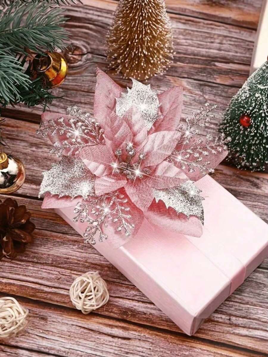 12pcs Pink Christmas Tree Flowers - 5.7 Inch Pink Poinsettia Decor, Plastic Material, No Feathers, Reusable Holiday Decorations, Universal Holiday Decor, Suitable For Christmas Tree Decoration, Window Decoration