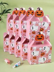 4/8/10/16/24pcs Halloween Paper Gift Boxes, Pink Happy Halloween Pumpkin & Ghost Pattern Rectangular Candy Boxes With Handles, Candy Cookie Snack Packaging Boxes, Suitable For Halloween Party Gifts, Trick Or Treat Supplies - Multicolor - View 1