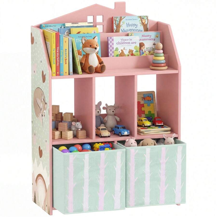 Estante infantil com prateleiras abertas e 2 gavetas de tecido, em MDF, rosa. - A - Ver 1