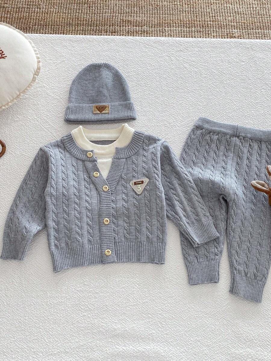 Set Pakaian Bayi Perempuan Gaya , Rajutan Kabel Abu-abu 3 Potong, Kardigan 2-in-1 Leher V, Celana Jogger, Topi Beanie, Pakaian untuk Jalan-jalan - Grey - View 1