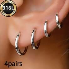 4 Pairs High Quality Stainless Steel Earrings, Hypoallergenic, Minimalist Elegant, Fashion Jewelry Accessories, Suitable For Daily Wear And Parties, Gift For Her - Silvery-4pairs - View 1