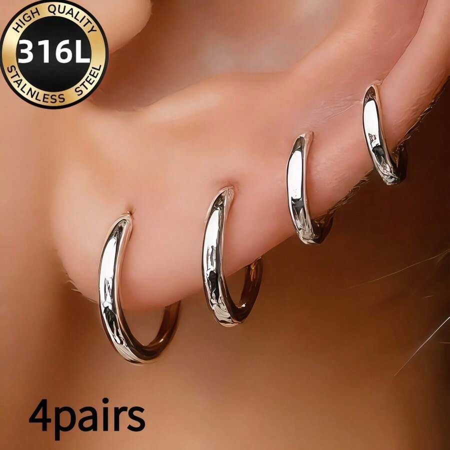 4 Pairs High Quality Stainless Steel Earrings, Hypoallergenic, Minimalist Elegant, Fashion Jewelry Accessories, Suitable For Daily Wear And Parties, Gift For Her - Silvery-4pairs - View 1