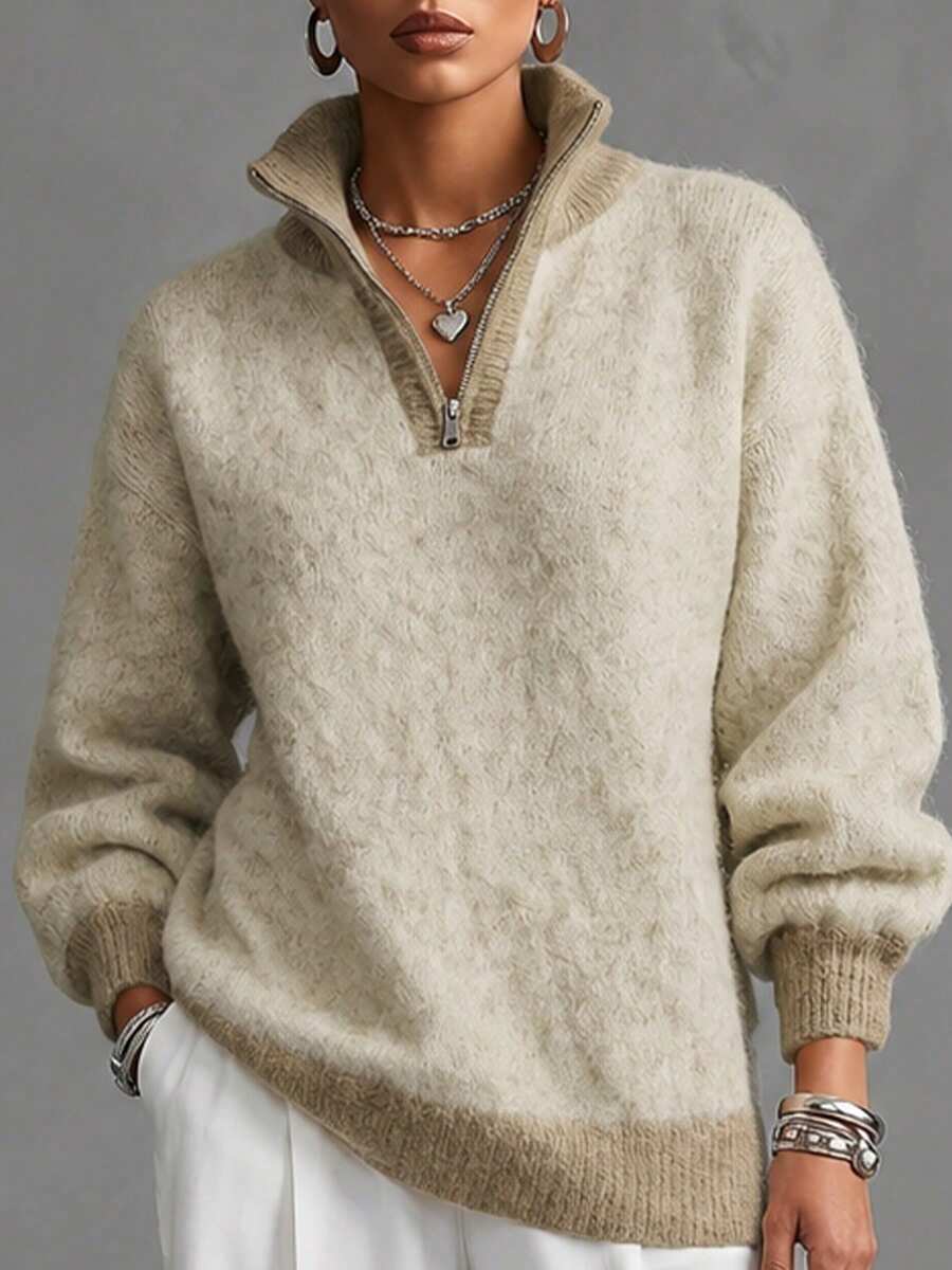 Plus Size Half Zip Collar Fluffy Knit Sweater, Long Sleeve Loose Slim‑Look Pullover Fall Winter Commute Casual Top - Camel - View 1