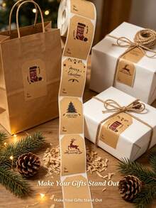 200/300pcs Self-Adhesive Kraft Paper Labels, Christmas Gift Tags, Vintage Style Gift Label Stickers, Suitable For Gift Wrapping, Christmas Gifts, Home Decor, Christmas Wrapping Paper - Multicolor - View 5