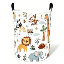 1 buah Keranjang Penyimpanan Hewan Liar Safari, Keranjang Cucian Kain Bulat Lipat dengan Pegangan, Motif Singa Gajah Jerapah Tempat Penyimpanan Rumah Tangga - MultiWarna - View 8