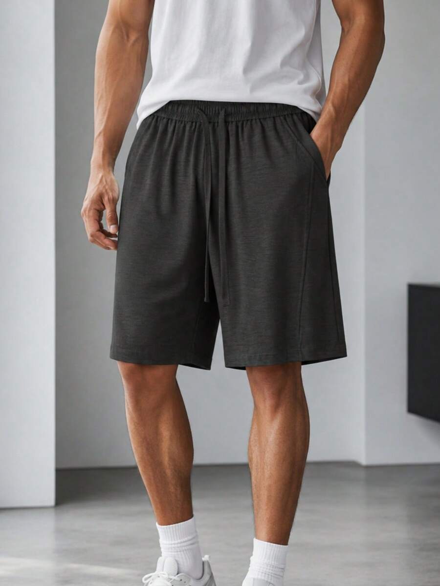 Blueprint Man 1pc Men's Black Shorts, Drawstring Elastic Waist 3D Segmented Line Shorts, Linen-Like Fabric, Comfortable & Breathable, Machine Washable & Dry Cleanable, Old Money Style Business Casual Men's Shorts, Spring/Summer Commute, Light Business - Black - View 1