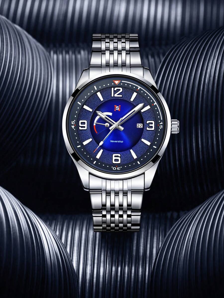 NSNEVER STOP NS Round Steel Band Business Casual Quartz Men's Wristwatch With Rotating Crown, Folding Clasp, Suitable For Daily Commute And Multiple Holiday Gift-Giving, Gift Box Included - Silver - View 1
