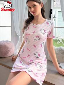 SANRIO 女款 Hello Kitty 睡裙，圓領可愛舒適度假睡衣居家服，卡通印花粉色與白色條紋睡裙家居服 - 粉色 - 查看 1