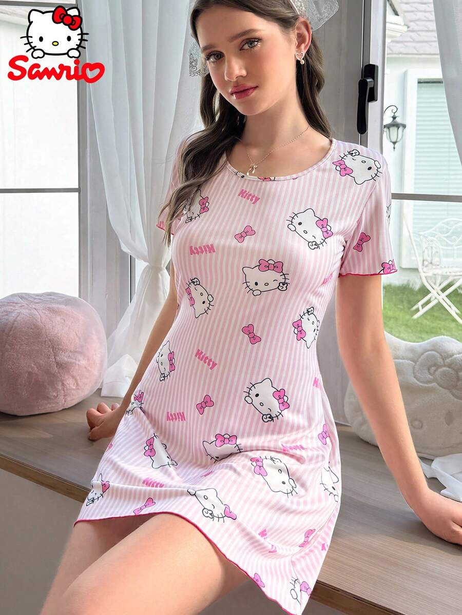 SANRIO 女款 Hello Kitty 睡裙,圓領可愛舒適度假睡衣居家服,卡通印花粉色與白色條紋睡裙家居服 - 粉色 - 查看 1