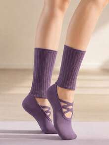 1 Pair Non-Slip Yoga Socks, Ribbed Mid-Calf Style, Women's Ballet Socks, Suitable For Pilates And Barre Training - Multicolor - View 16