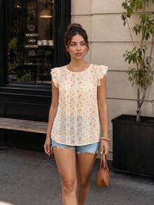 Plus Size French Country Style Semi-Sheer Blouse, Floral Print Lace Patchwork, Back Tie Design, Ruffle Cuffs Summer - Multicolor - View 2