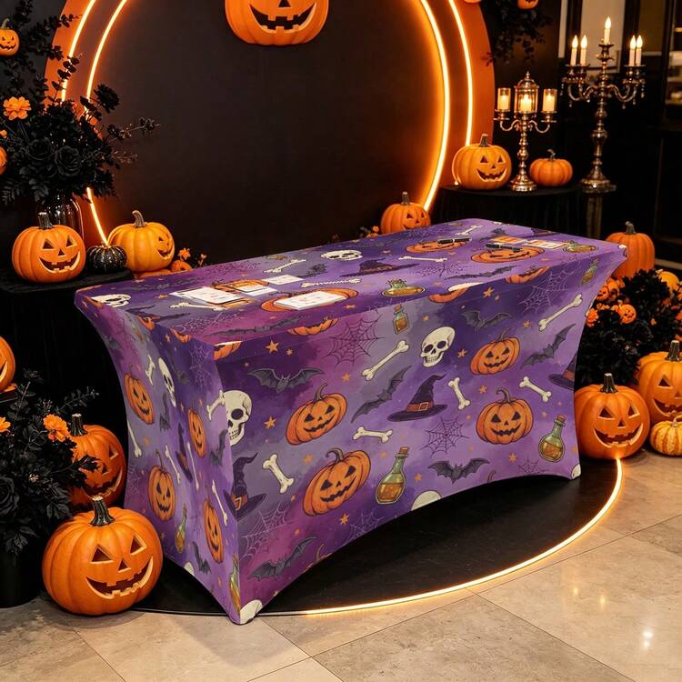 1pc Halloween Pumpkin Pattern Printed High Elasticity Tablecloth With Elastic Edge - Stretch Fit, Washable And Reusable Table Cover Suitable For Dining Table, Buffet Table, Dessert Table, Banquet, Holiday Party Decoration, Halloween, Birthday, Wedding - Suitable For Kitchen Use - Multicolor - View 10