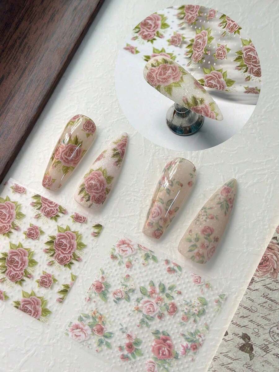 4pcs Nail Art Stickers, Holiday Pattern Foil Transfer Stickers Set, Laser Country Rose Pattern Nail Foil Stickers, Suitable For Women DIY Nail Decoration - Multicolor - View 1