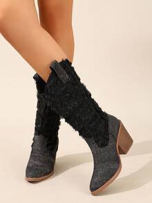 女款中筒靴，復古波希米亞西部風，適合音樂節與派對穿搭，度假旅行必備 - 黑色 - 查看 4