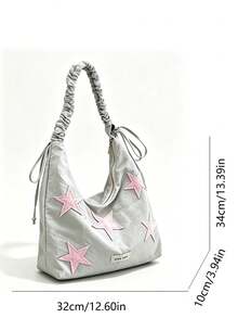 Tas Tote Satu Bahu Motif Patchwork Bintang, Desain Tali Berkerut, Tas Wanita Kasual yang Cerah, Cocok untuk Sekolah Sehari-hari, Belanja, Kencan, Perjalanan, dan Pakaian Modis. - Grey - View 2