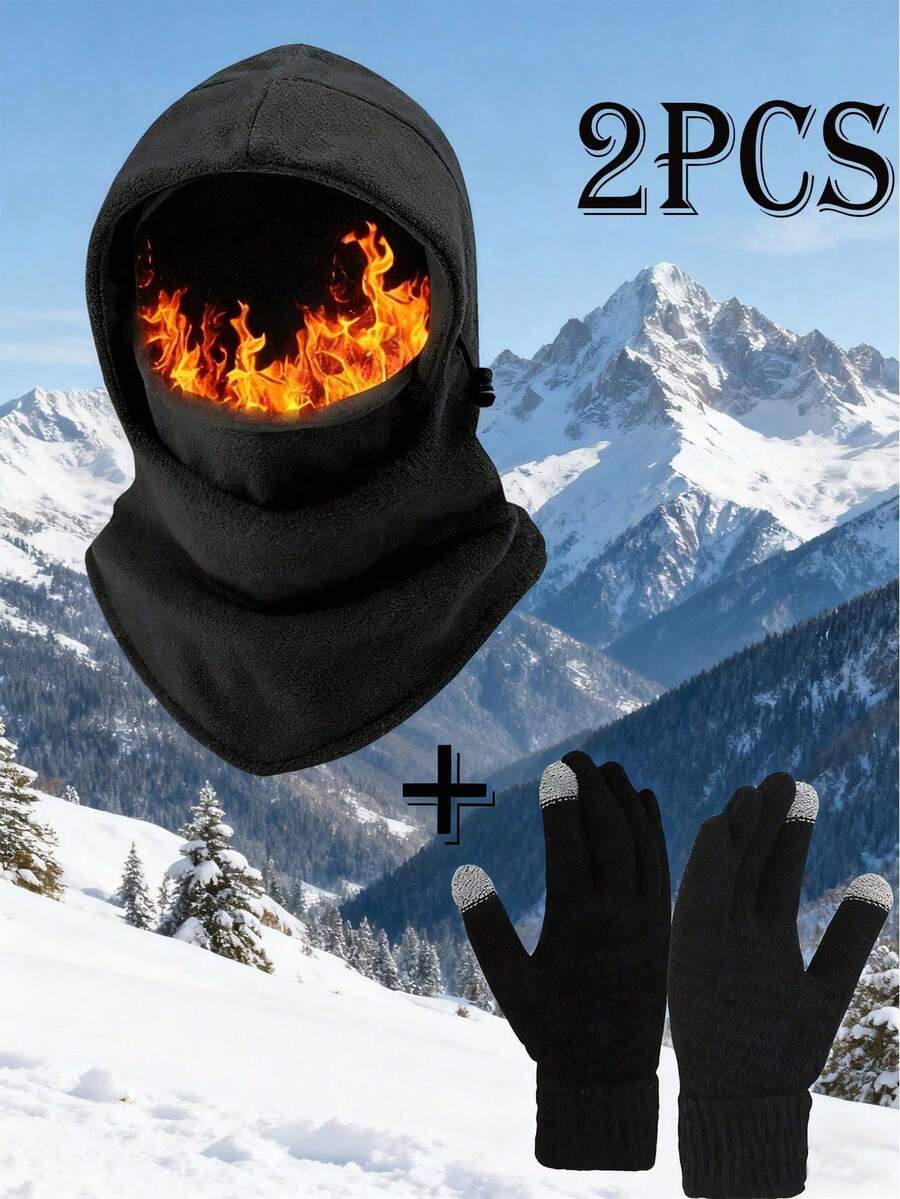 1/2 piezas Conjunto de gorro pasamontañas de forro polar cálido y guantes con pantalla táctil, a prueba de viento, cobertura completa de la cara y el cuello, diseño con cordón, para esquí, ciclismo y actividades al aire libre, para hombres y mujeres en invierno - Multicolor - Ver 1