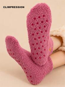 CLIMPRESSION Women's Fluffy Coral Fleece Socks, Cute Heart Embroidered Non-Slip Slipper Socks, Warm Soft Comfortable Winter Sleep Home Socks - Hot Pink - View 4