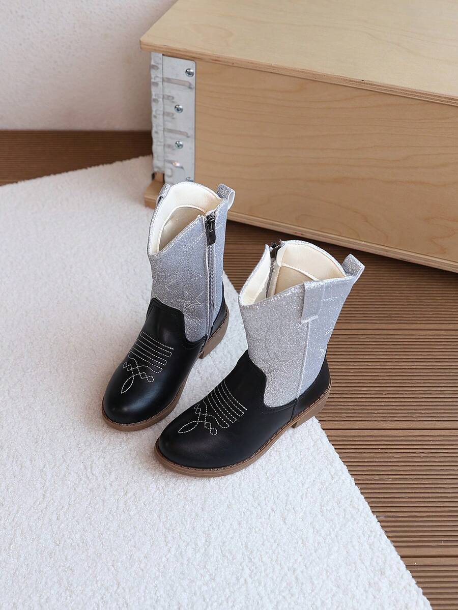 1雙女童刺繡中筒靴,兒童亮片中筒靴附側拉鍊,防滑復古時尚靴 - 銀色 - 查看 1