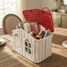 1pc Creative House-Shaped Woven Storage Box With Lid And Decorative Handle, Multi-Purpose Home Desktop And Shelf Organizer Basket, Fun Room Decor, Holiday Display Storage Box, Storage Basket - Multicolor - View 4