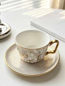 A Set Of Gold-Rimmed Floral Coffee Cup And Saucer, Suitable For Various Cold And Hot Beverages Such As Milk, Coffee, Hot Chocolate, Juice, Latte, Etc., Perfect Gift For Friends And Family During Holidays. - Multicolor - View 4