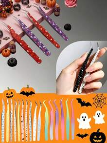 1pc Halloween Pumpkin Spider Web Slanted Tip Tweezers, Precise Nail Sticker Tool, False Eyelash Application Tool, Stainless Steel Pointed Eyebrow Tweezers, Beauty Tool, Holiday Gift, Hair Removal Tweezers - Multicolor - View 4