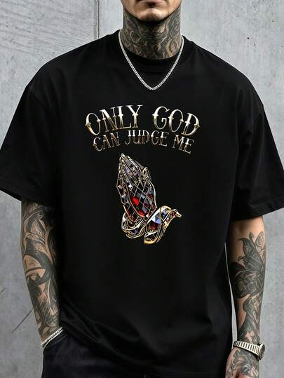 1 Pc Men's Clothing Praying Hands Graphic Printed Black Cotton Tshirt, Casual Crew Neck Summer Top, Unisex Style, Plus Size 5XL