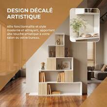 Estante de armazenamento geométrica de 5 níveis, ideal para escritório, sala de estar e quarto, em madeira branca e natural. - A - Ver 6