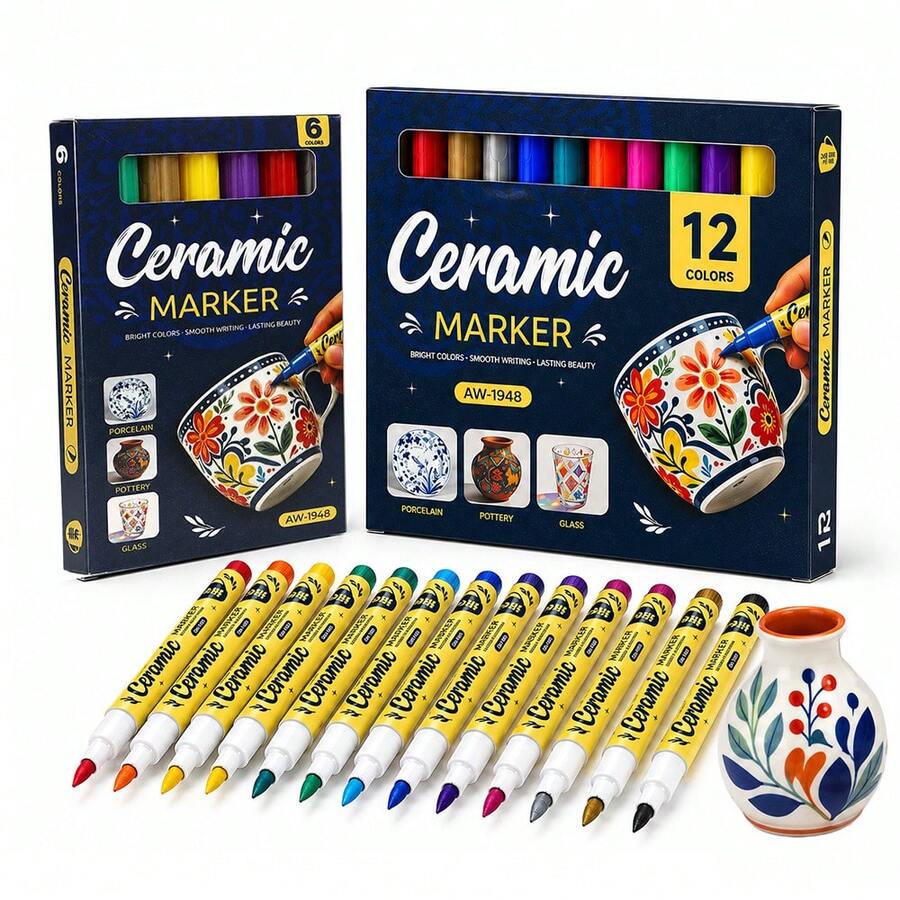 6-12 Colors Ceramic Graffiti Pen Set, Multi-Color Smooth And Even Writing, Layerable Graffiti Art DIY Colorful Waterproof Ceramic Pens, Suitable For Writing And Painting On Ceramic Surfaces Of Mugs, Plates, Vases And More - Multicolor - View 1