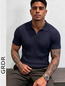 GRDR 男士夏季纯色 Polo 领短袖针织衫，适合夏季外出穿着，时尚造型必备单品 - 藏蓝色 - 查看 5