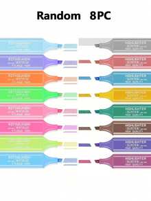 8pcs Metallic/Fluorescent Highlighter Pen Set, Glitter Pens With 1-5mm Beveled Tip, Quick-Drying And Smudge-Proof, Colorful Marker Pens For Students To Highlight And Mark, Suitable For Bullet Journaling And Artistic Creation - Default - View 14
