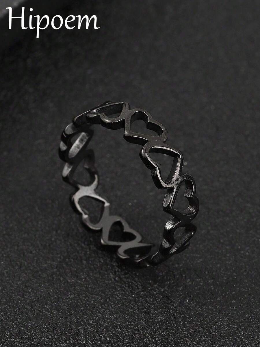 1pc Heart Decor Ring, Stainless Steel Jewelry Goth Punk Jewelry Valentines - Black - View 1
