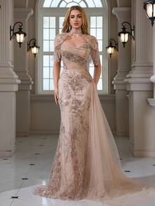 Ivity Tassel Shawl Mesh Ruched Elegant Hip-Hugging Fishtail Skirt Tulle Side Drape Evening Gown/Dry Cleanable/Suitable For Weddings, Banquets, Parties - Apricot - View 1