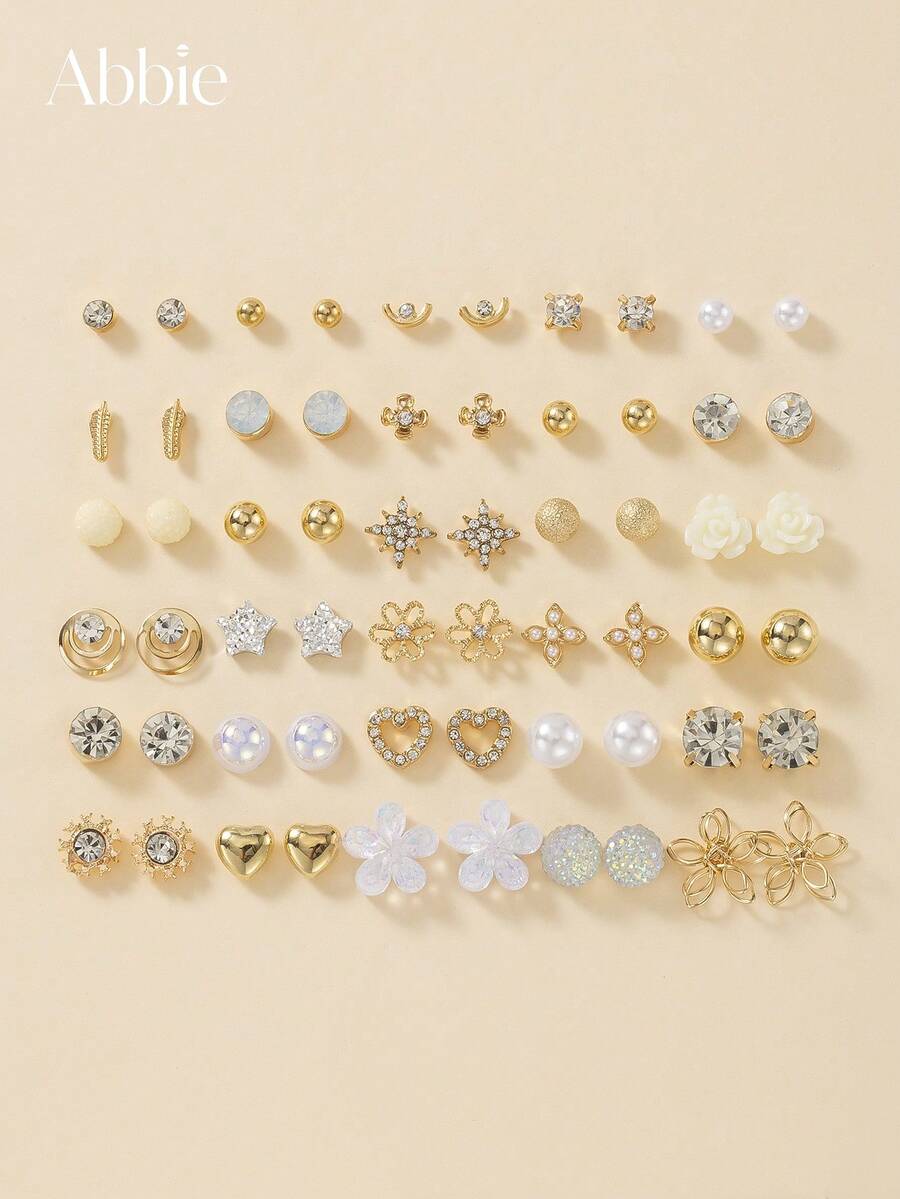30 Pairs Minimalist Fashion Heart-Shaped Craft Flower & Star Earrings Set, Assorted Designs, Delicate Stud Earrings For Women, Casual, Vacation, Beach Wear, Holiday Gift Jewelry - Yellow Gold - View 1