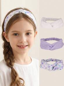 NAIZHU 3pcs Fashion Sweet Floral Elastic Cross Headband Set For Girls, Suitable For Daily, Party, Vacation Wear - Mauve Purple - View 2