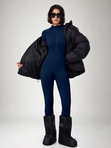 NcmRyu Women's 1pc Autumn/Winter Thermal Lined Solid Color Zipper Stand Collar Long Sleeve One-Piece Ski Suit - Navy Blue - View 5