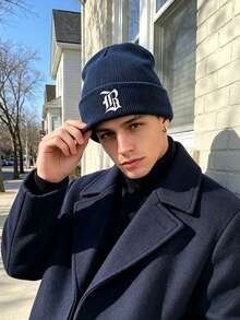 1pc Unisex Outdoor Warm Solid Color Ribbed Knitted Beanie Hat With Gothic A‑Z Letter Print,Edgy Cozy Versatile Fall Winter Headwear For Concert Events - Navy Blue - View 1