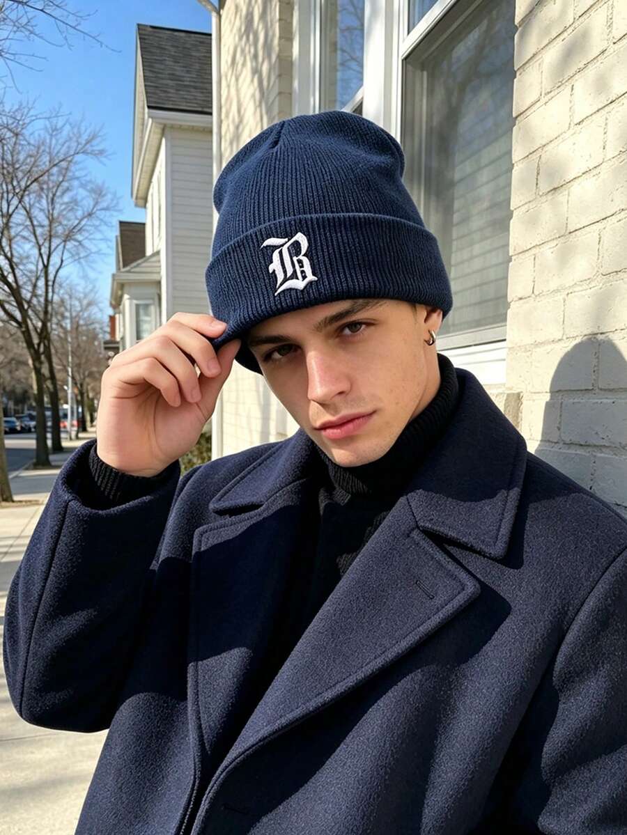 1pc Unisex Outdoor Warm Solid Color Ribbed Knitted Beanie Hat With Gothic A‑Z Letter Print,Edgy Cozy Versatile Fall Winter Headwear For Concert Events - Navy Blue - View 1