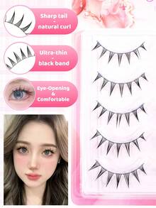 5 Pairs Manga Style Pointed Tail False Eyelashes, Japanese And Korean Style Design, Natural Long Pointed Tail Effect, Easily Create Exquisite And Lively Big Eye Makeup, Soft And Realistic Hair Bundles Fit Lightly To Eye Shape, DIY Quick Application Saves Time And Effort, Suitable For Beginners, Reusable, Suitable For Daily, Commuting, Dating, Travel, Party, Perfect Holiday Gift For Best Friend, Girlfriend - Black - View 6