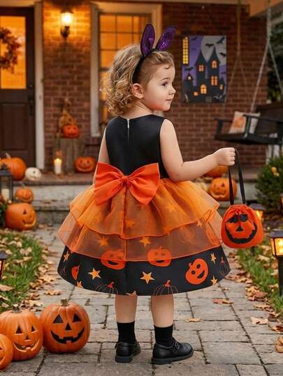 Baby Girls Pumpkin Pattern Satin Cute Puffy Princess Dress Suitable For Halloween Party, Without Headband And Magic Wand, Fabric Pattern Random Cut