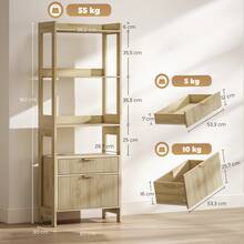 Hoge boekenkast, opbergmeubel met 4 open planken en 2 geribbelde laden, 60 x 30 x 160 cm, naturel hout - A - Bekijken 5