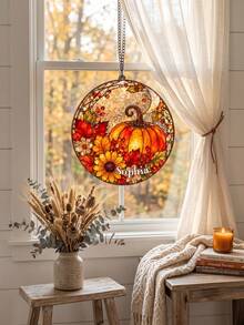 Custom Text Fall Harvest Suncatcher Hanging Plaque, Pumpkin Maple Leaf Round Hanging Plaque, Personalized Window Hanging Decor For Autumn Thanksgiving - Multicolor - View 4