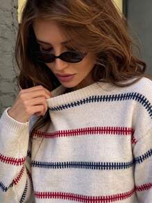 Sweater Rajut Desain Retro Musim Gugur/Musim Dingin, Pullover Leher Bulat, Blus Kasual Bahu Jatuh Bergaris, Atasan Rajut Lengan Panjang - Light Grey - View 4