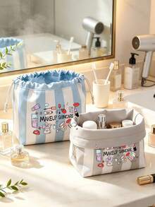 Striped Cosmetic Bag With Cosmetic-Themed Print, Large‑Capacity Portable Travel Toiletry Pouch, Multifunctional Storage Organizer For School Shopping Spring Outing, Back‑To‑School Birthday Wedding Gift - Multicolor - View 4